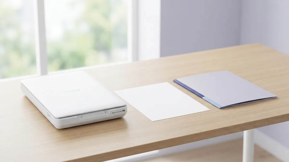 A scanner ready for OCR work Flatbed scanner with a blank sheet and folder, representing scanned PDF pages and OCR