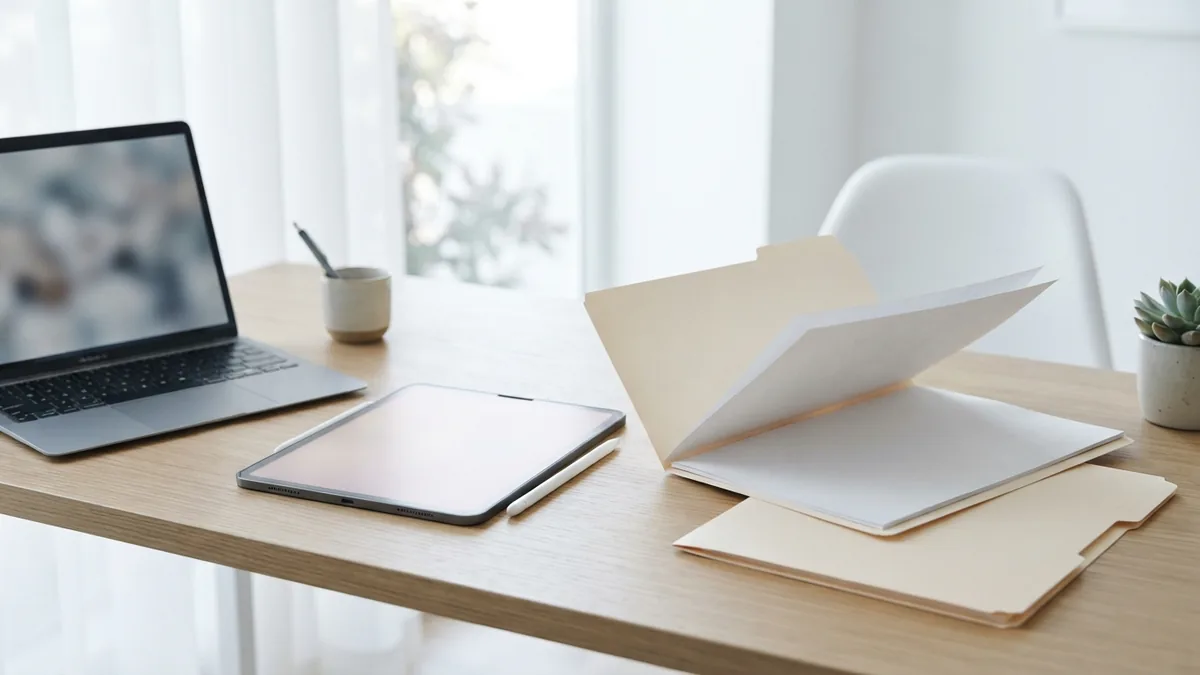 Laptop and blank folders arranged for resetting PDF password settings