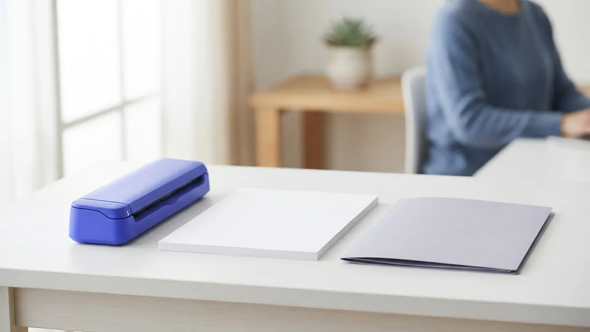 Preparing a scanned PDF Compact scanner beside blank pages ready for text recognition