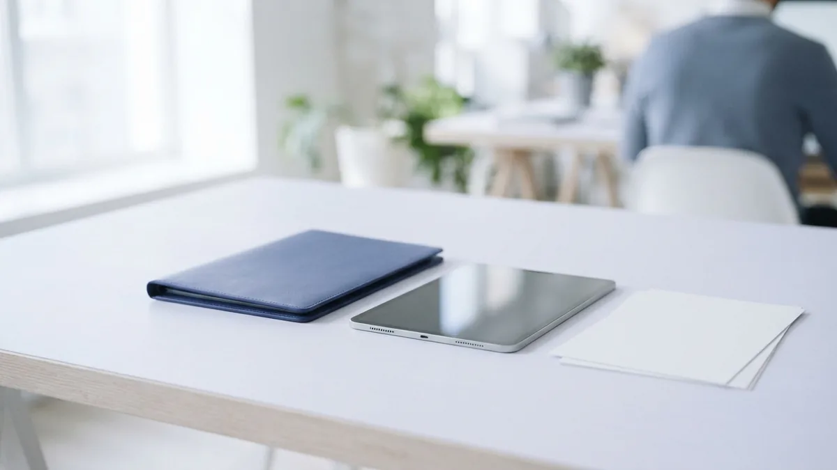 Tablet and blank document pages arranged beside a folder on a bright desk