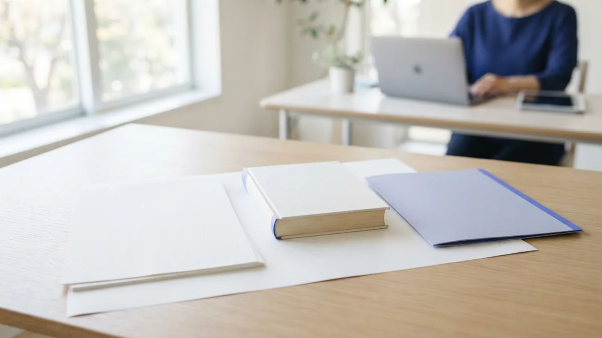 Blank study papers and a plain book arranged on a calm lavender-grey desk