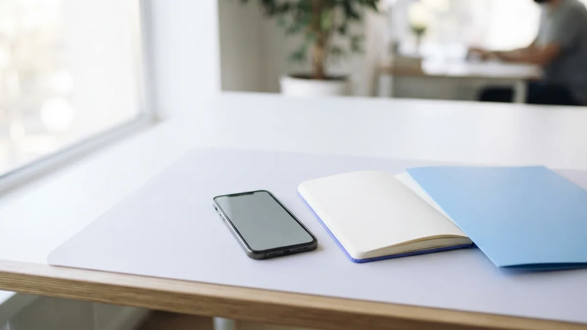 Phone, blank notebook, and folder arranged for planning a recovery meeting