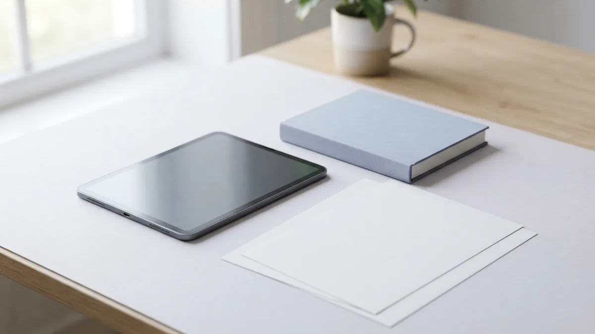 Recovery resources on a tidy desk Tablet, plain book, and blank documents arranged as helpful recovery resources