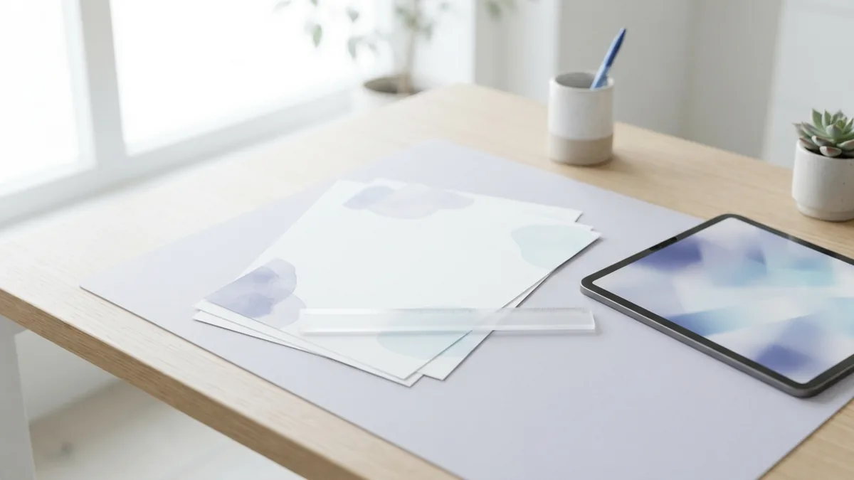 Desk setup for perspective practice Ruler and blank sheets arranged for perspective drawing practice on a bright desk