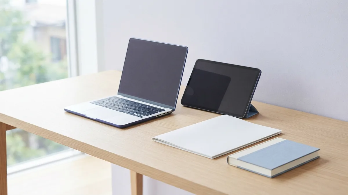 Organized setup for digital reading Laptop, tablet, blank folder, and book arranged for safe digital reading access