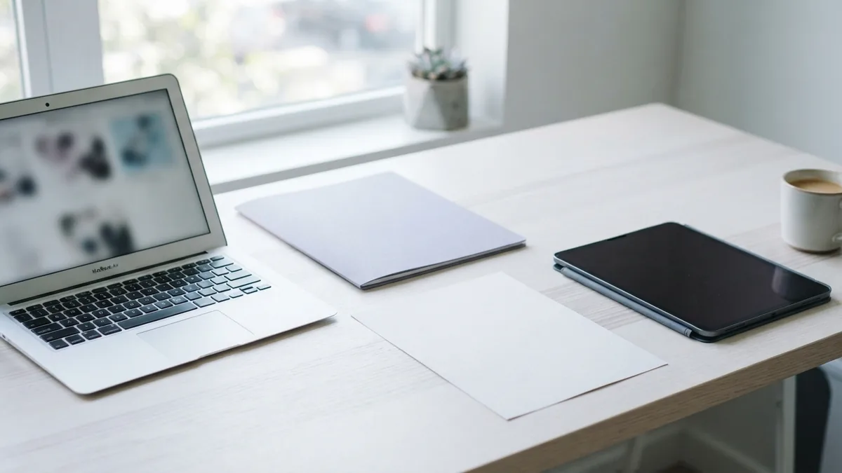 PDF files beside an Excel workspace Laptop and tablet arranged with a blank PDF folder for easy document access