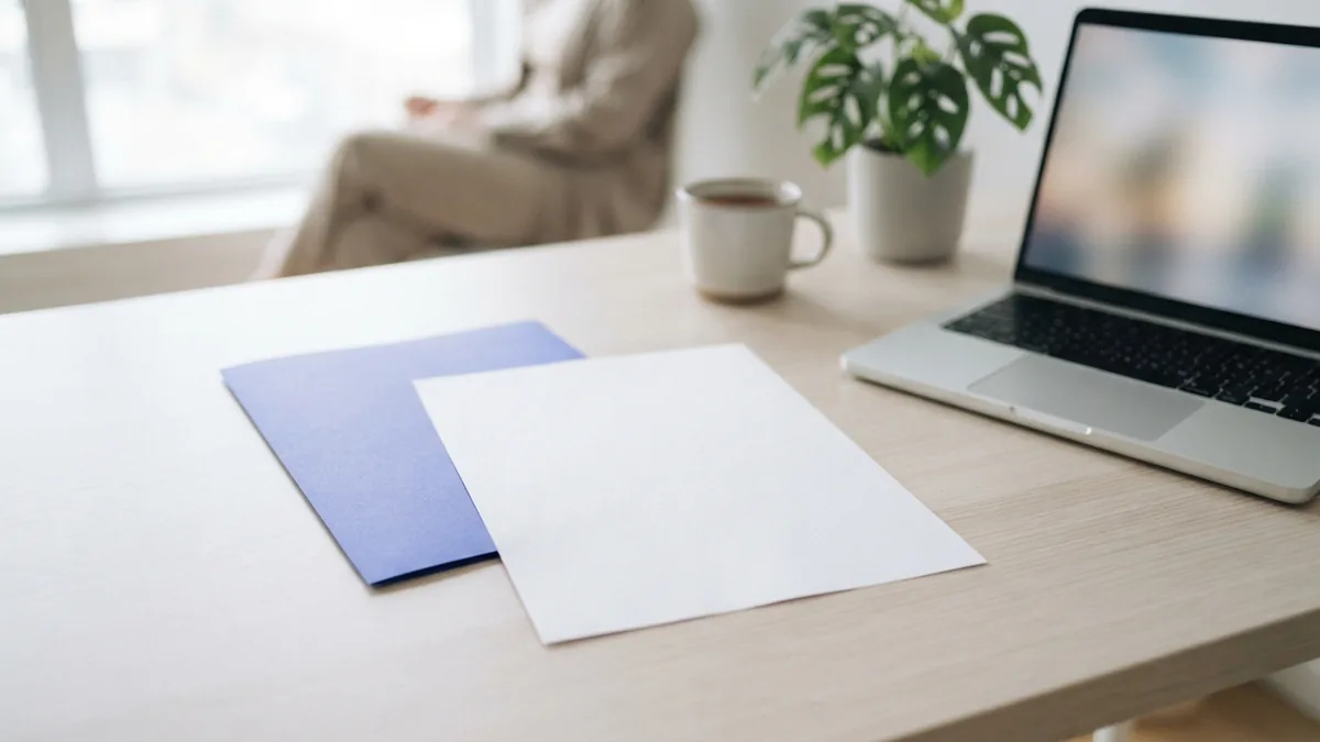 Preparing a PDF for workbook insertion Laptop beside a blank document and folder during PDF workbook setup