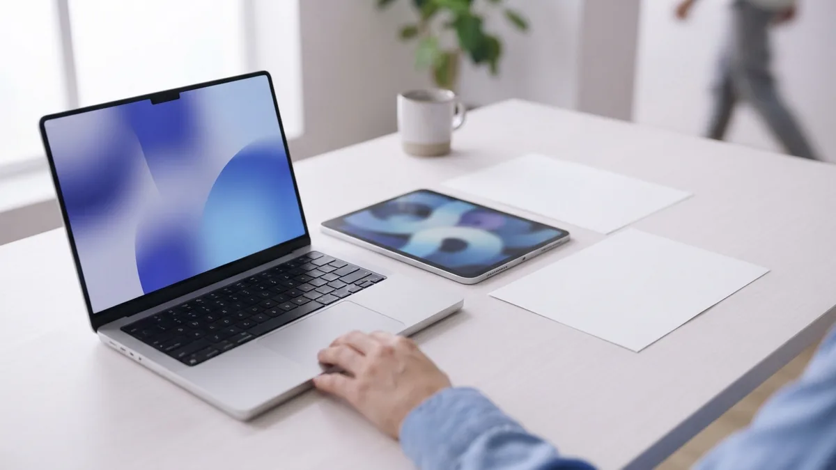 Laptop, tablet, and blank sheets representing PDF conversion to editable presentation slides