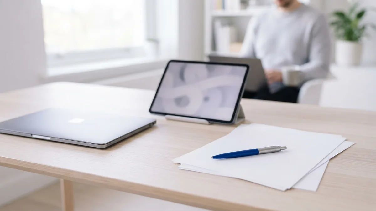 Laptop and blank paper form arranged for signing a PDF with editing software
