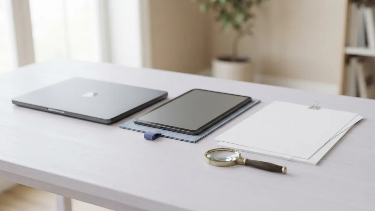 Tablet, blank document, and magnifying glass for checking a PDF signature