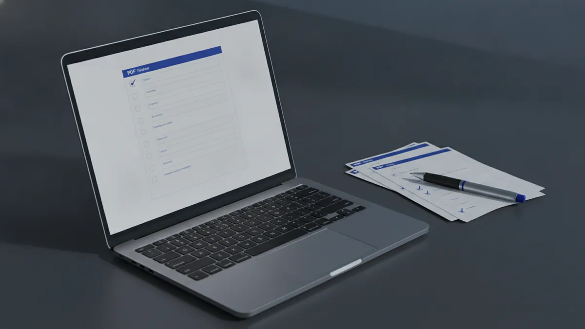 Laptop displaying a PDF form layout with input field outlines in a professional workspace