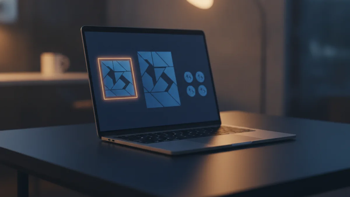 A laptop on a desk showing a document area designed for media interaction.