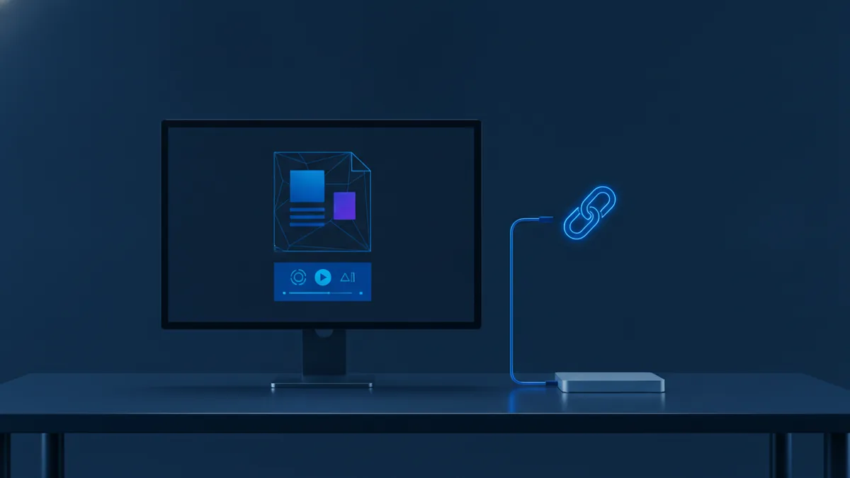 Embedded vs linked video approaches A desktop setup representing embedded video versus linked video options in documents.