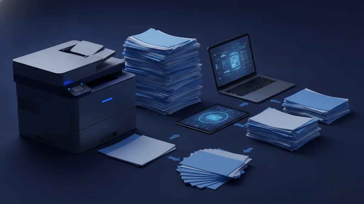 Large stack of printed reports arranged beside a fast office printer