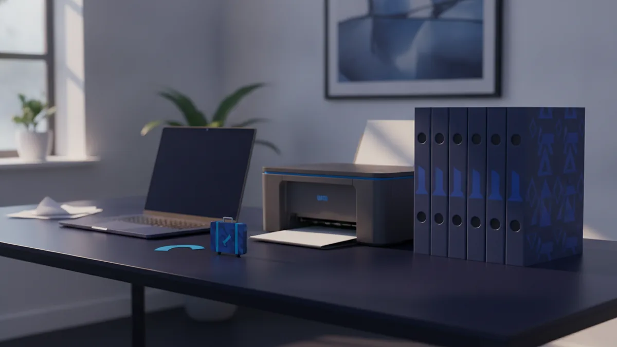 Set up an Acrobat print workflow Desktop printer beside a laptop and organized document folders