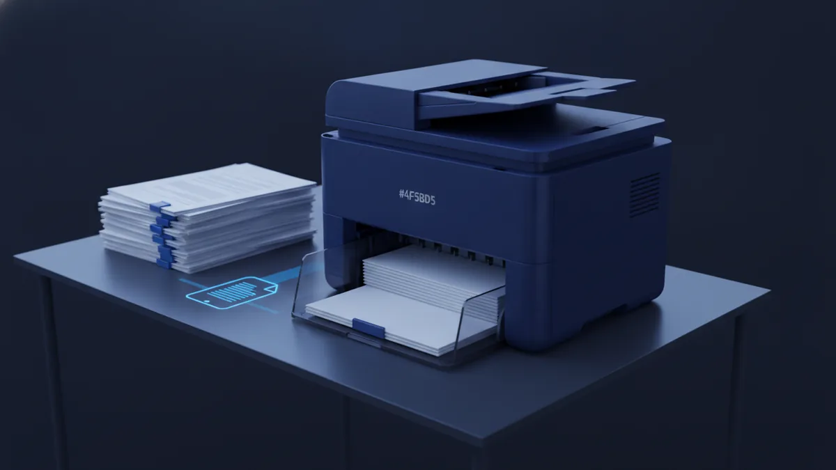 Printer control panel area with paper trays and sorted document stacks