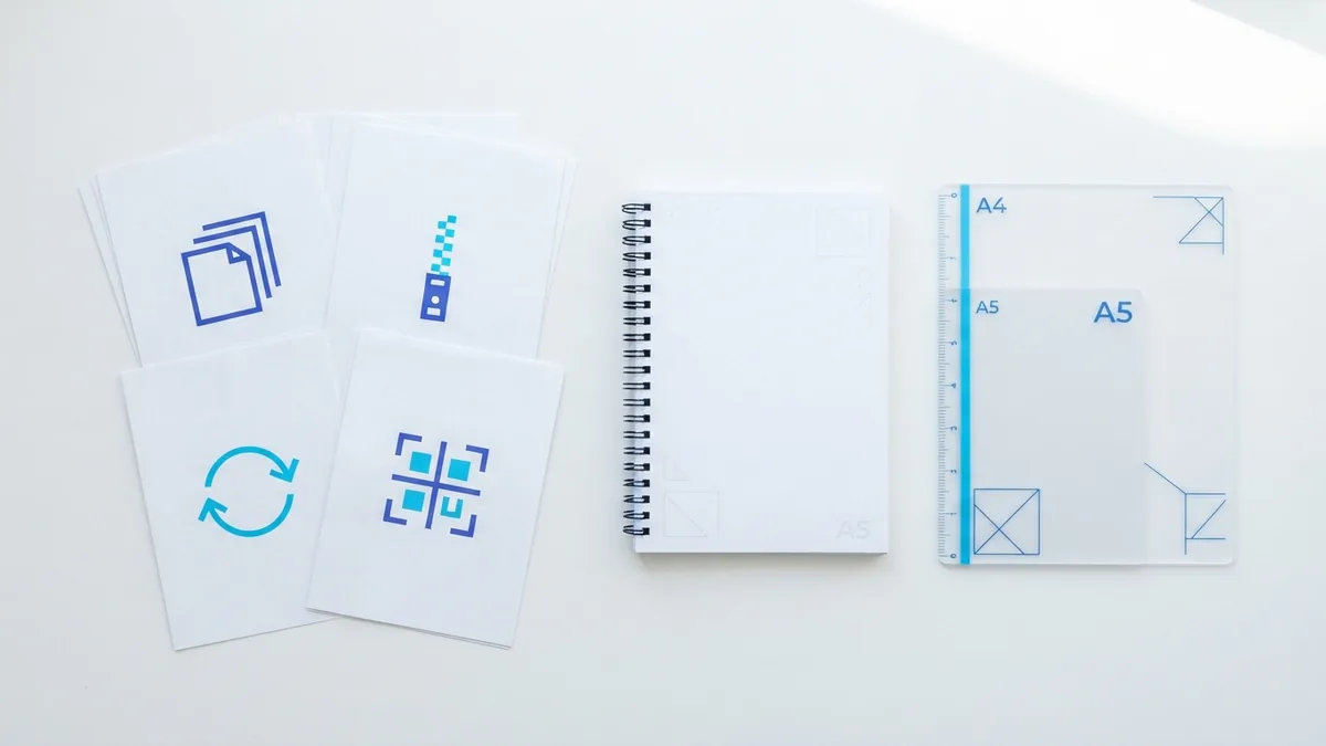 Quality check before PDF printing Document pages grouped by section beside a clean bound packet for printing