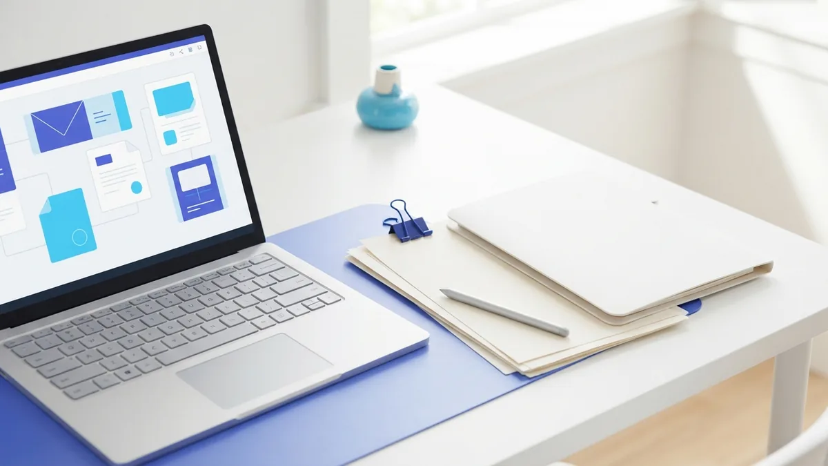 Laptop beside organized records for saving Gmail emails as PDF files