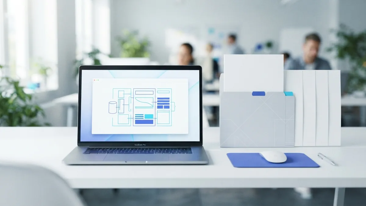 Computer and folders arranged for saving Outlook email records as PDFs