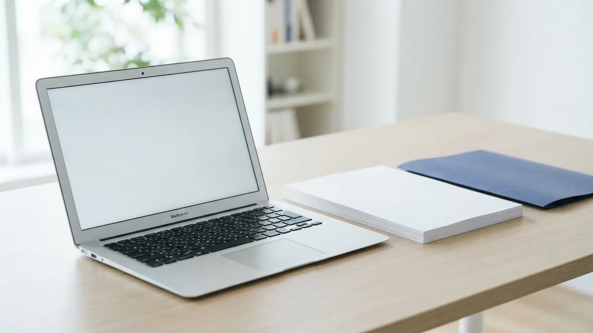 Laptop beside blank sheets and folder for converting a Word document