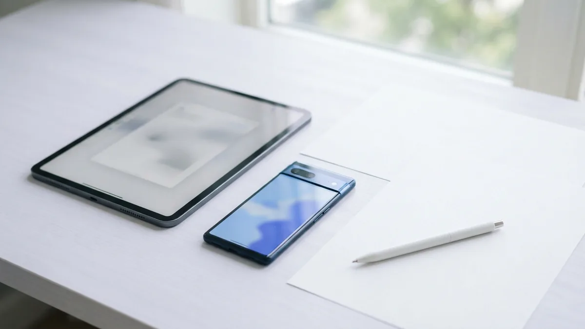 Tablet and phone beside blank papers for online file conversion