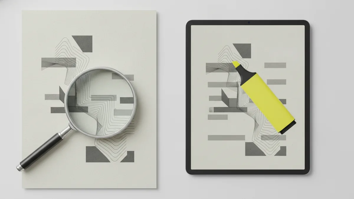 Magnifying glass and highlighter beside a document to explain selectable PDF text
