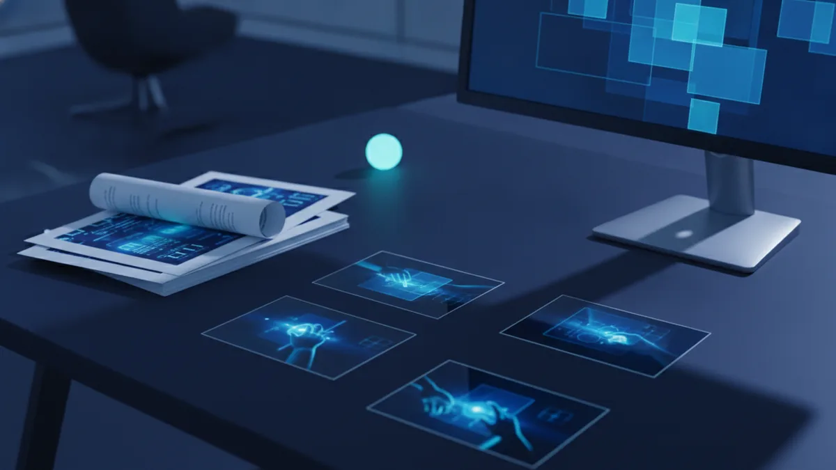 Desktop workspace with printed pages and a computer used for PDF image settings