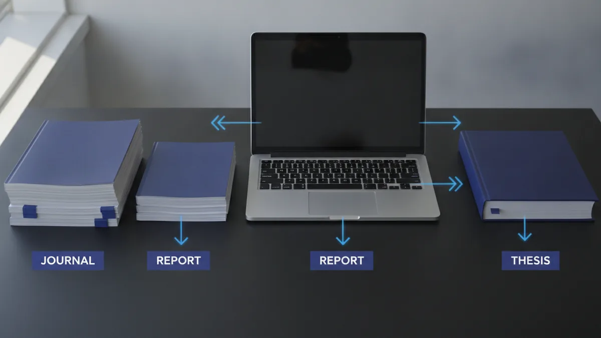 Researcher workspace with source papers grouped for journal and report citations