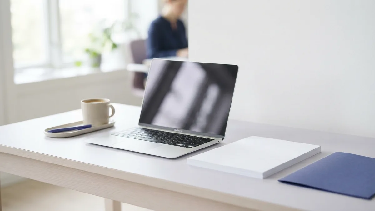 Laptop and blank papers arranged for combining Word files into a PDF