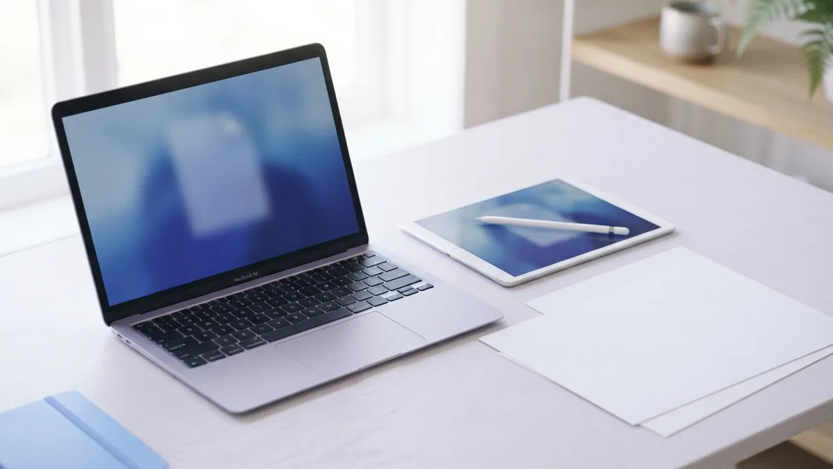 Alternative tools for merging PDF files Laptop and tablet beside blank papers for online PDF file merging