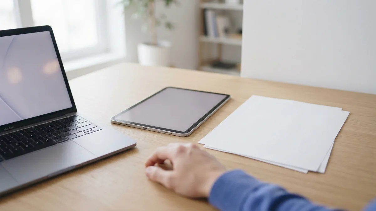 Separate blank PDF sheets beside tablet and laptop for file management