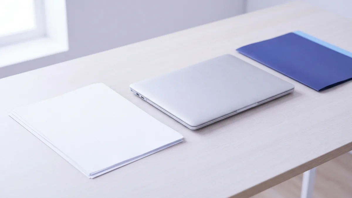 PDF pages arranged in order Blank document pages lined up beside a laptop for a PDF merge process