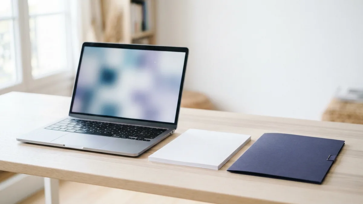 Blank PDF papers and folder beside laptop during file troubleshooting