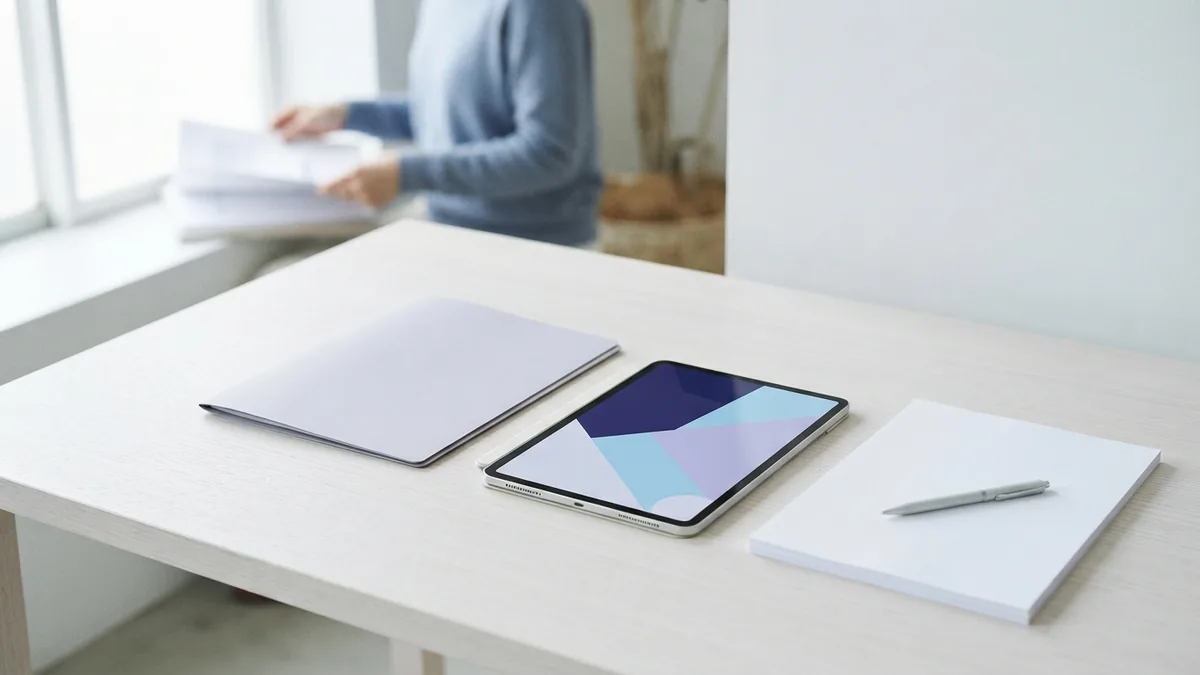 Neat PDF file management setup Neatly stacked blank PDF pages with folder and tablet on an airy desk