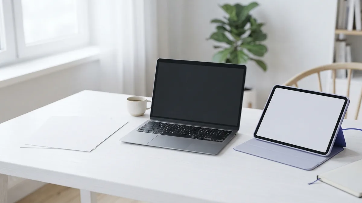 Laptop and tablet with blank papers representing online PDF creation