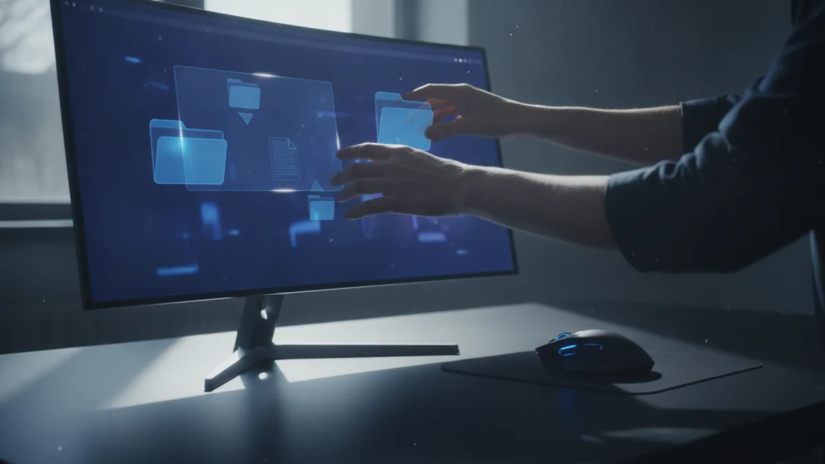 Desktop merging workflow Hands working at a computer to merge PDF files using desktop software