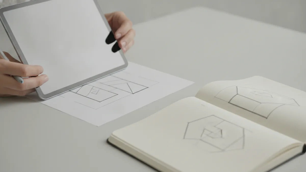 Check if the PDF is text or a scan Reviewing a form layout on a tablet beside a notebook