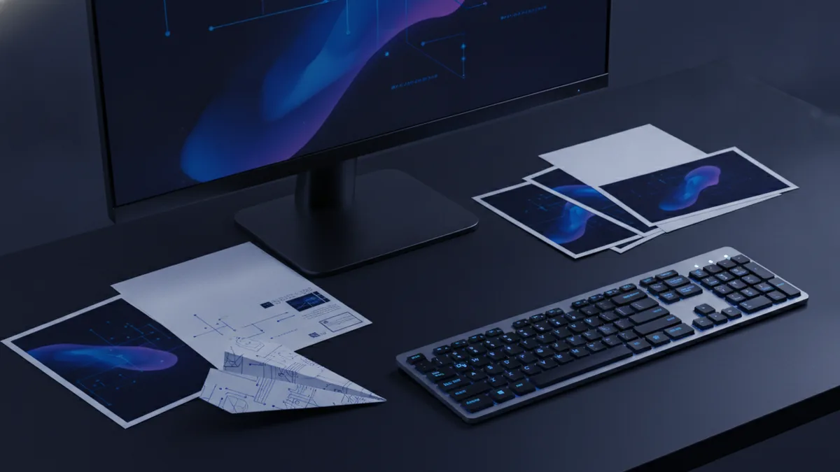 Desktop computer with document pages and high-resolution image exports for print use