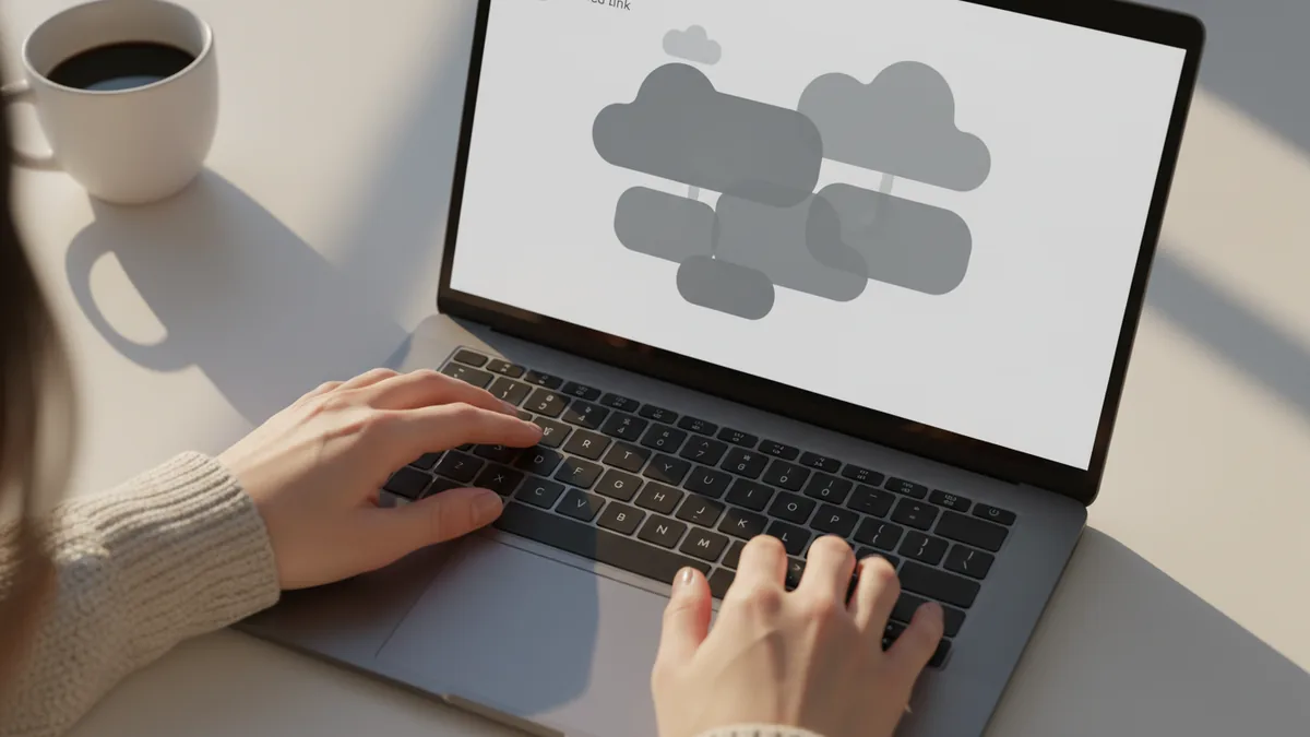 Create a share link workflow Hands working on a laptop to upload a PDF and generate a share link.