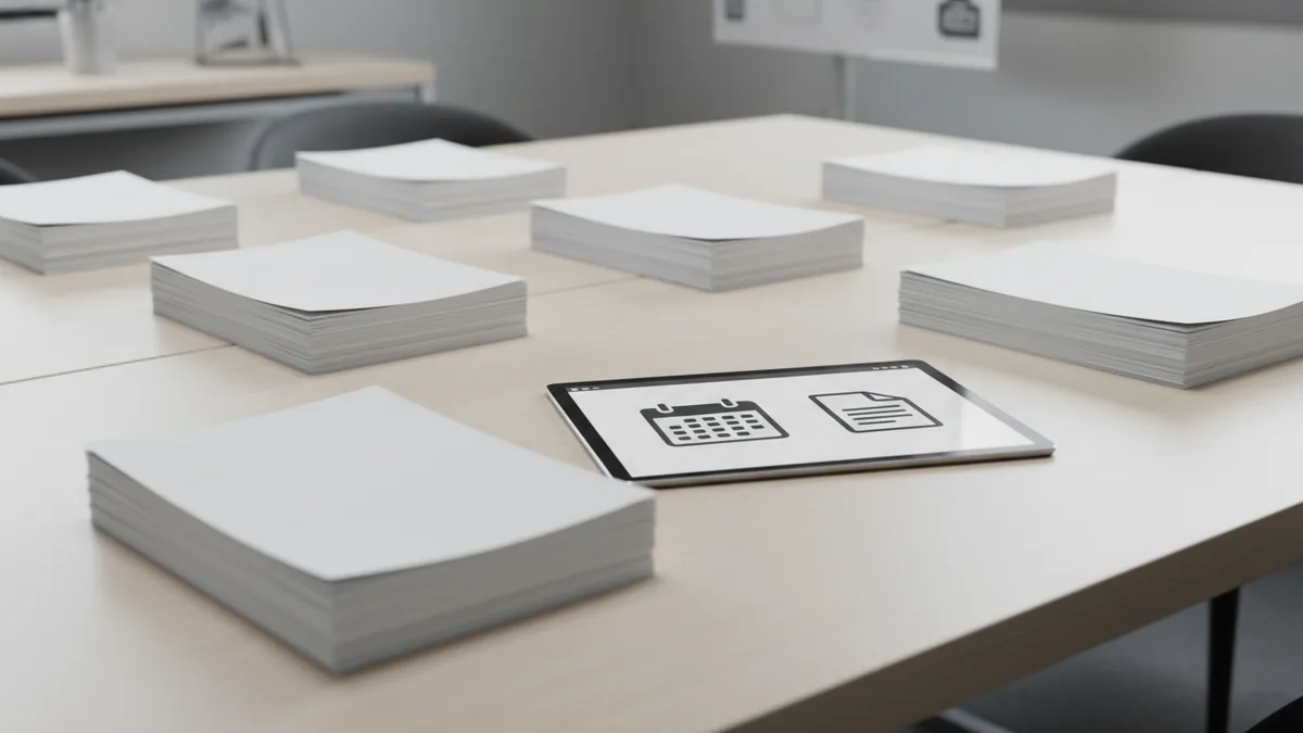 Meeting room setup illustrating PDF URL sharing for education and business.