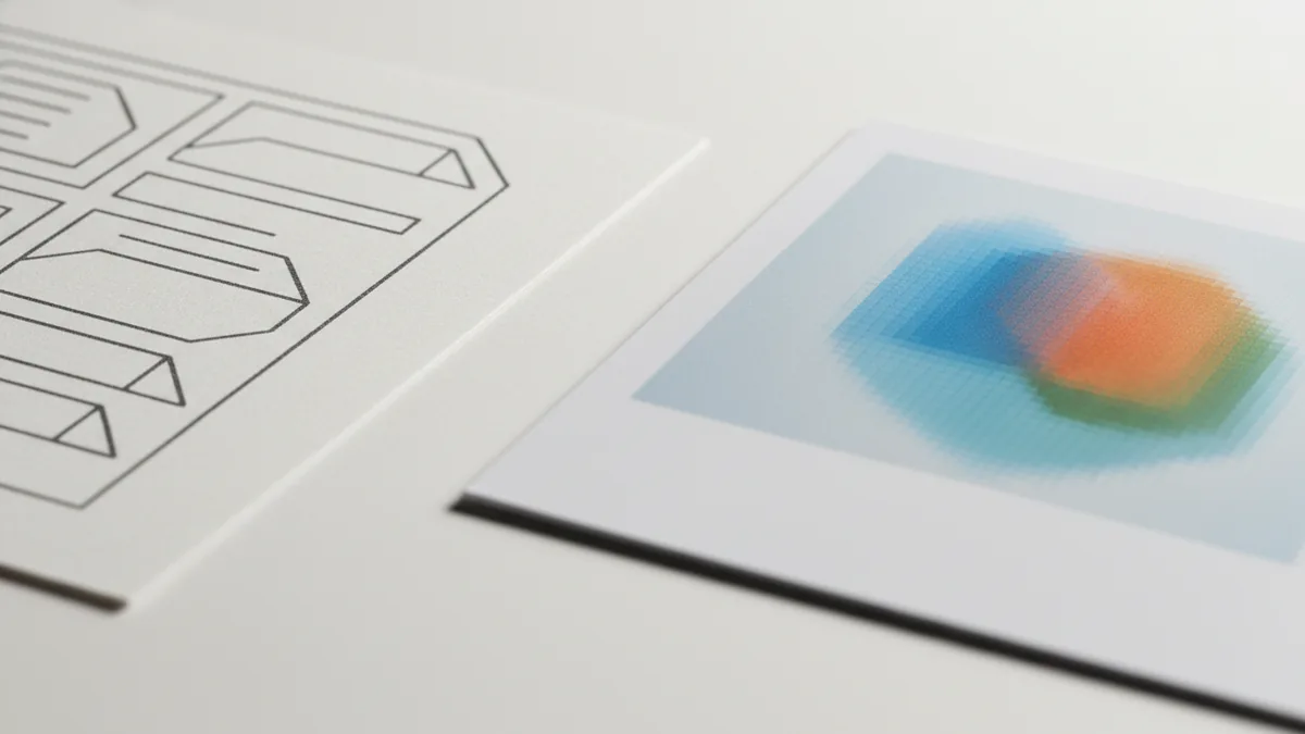 Close-up showing document layout texture versus crisp raster image pixels