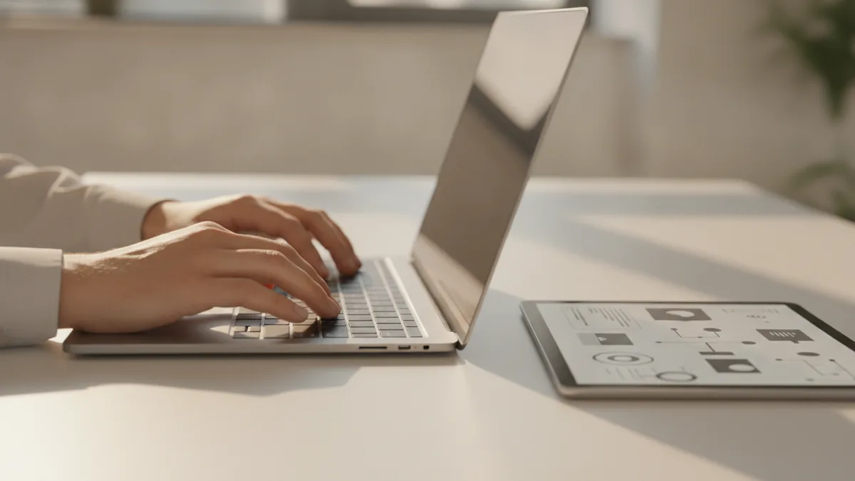 Hands using a laptop to convert a PDF into text output