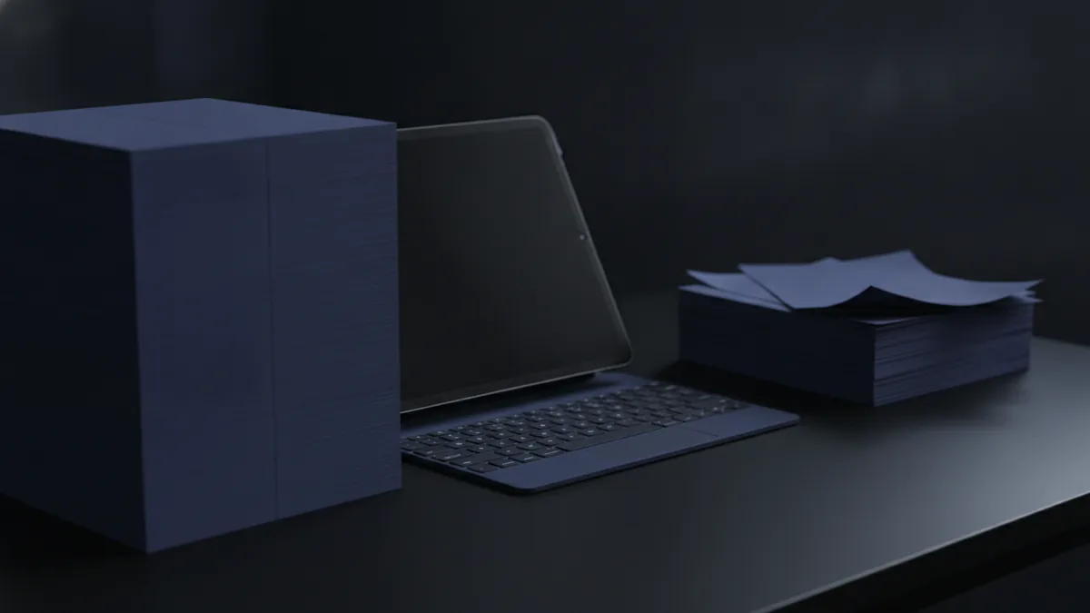 Desk setup showing two document stacks to illustrate fixed PDFs versus editable Word files.