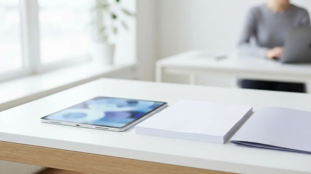 Tablet and blank document sheets arranged as a neat PDF file collection