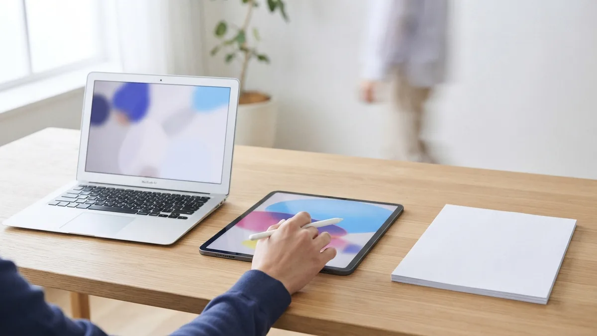 Laptop, tablet, and blank sheets arranged for a step-by-step file conversion task