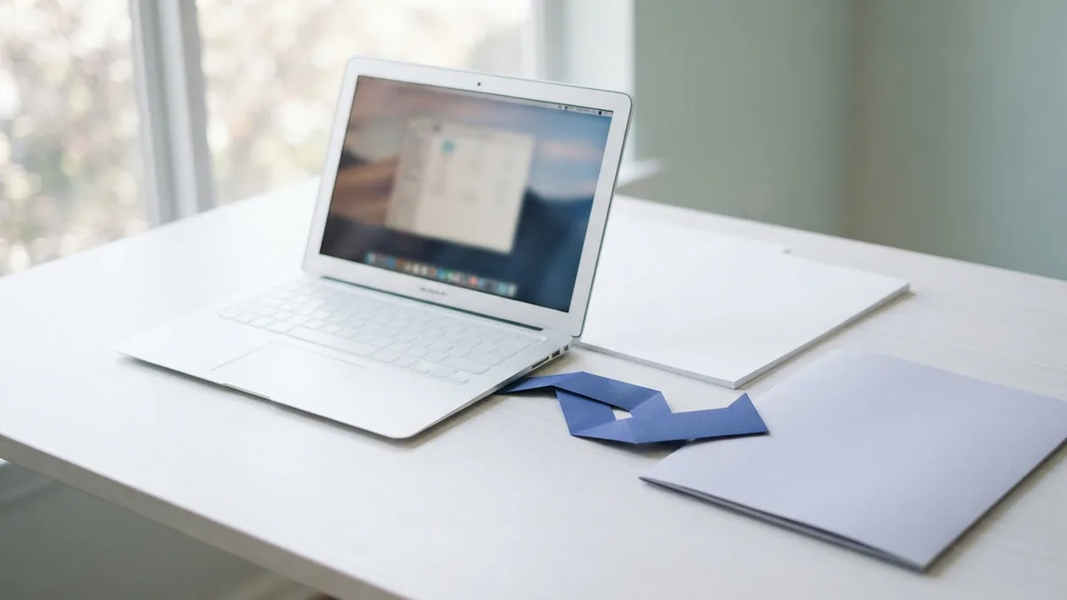 Simple PDF sharing workflow Laptop and blank document beside a folder showing simple PDF sharing workflow