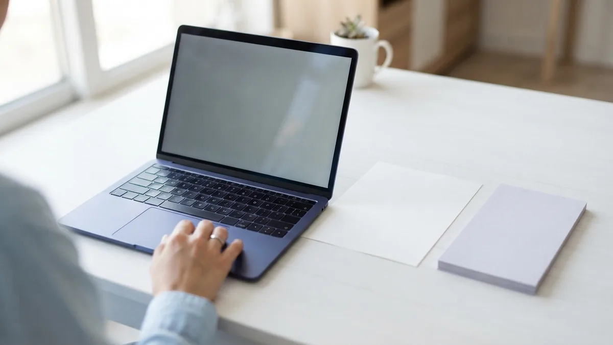 Laptop and blank paper forms arranged for saving an Illustrator file as PDF