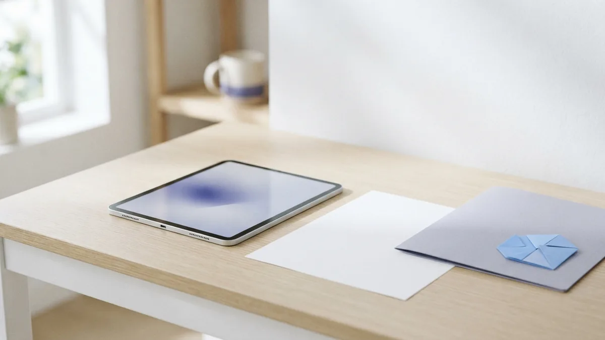 Tablet, blank document, and folder arranged for sharing a finished PDF file