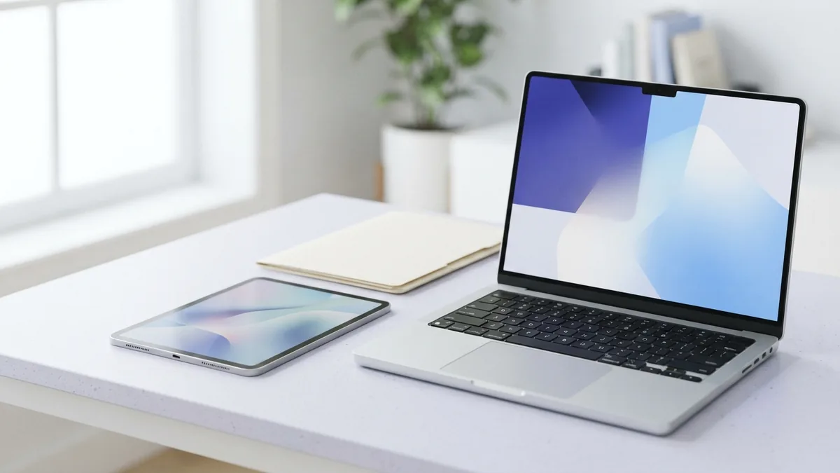 Laptop and tablet beside blank folders for choosing an HTML to PDF method