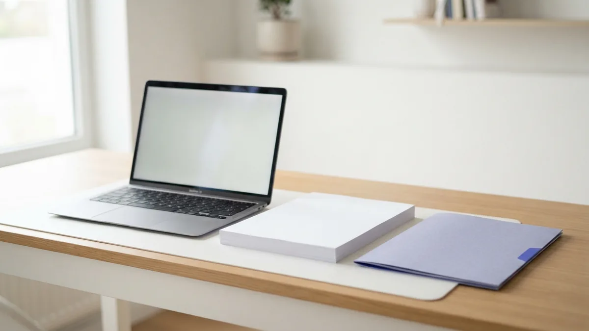Desktop tools for PDF conversion Laptop with blank papers and folder representing desktop PDF conversion tools